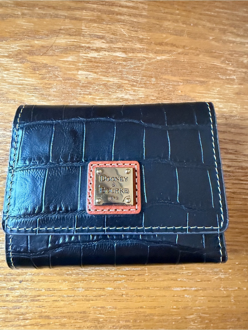 Dooney & Bourke Black Croc-Embossed Leather Card Holder with Brown Accent